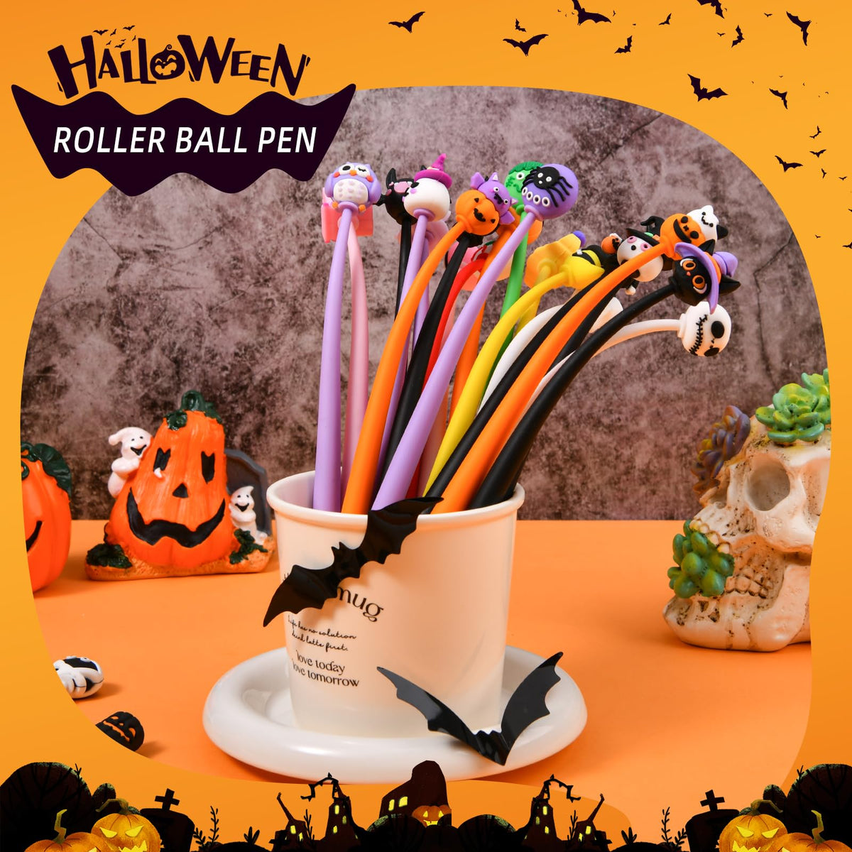 SANNIX 50PCS Halloween Cartoon Squishy Pens, Funny Pumpkin Ghost Skull Bat