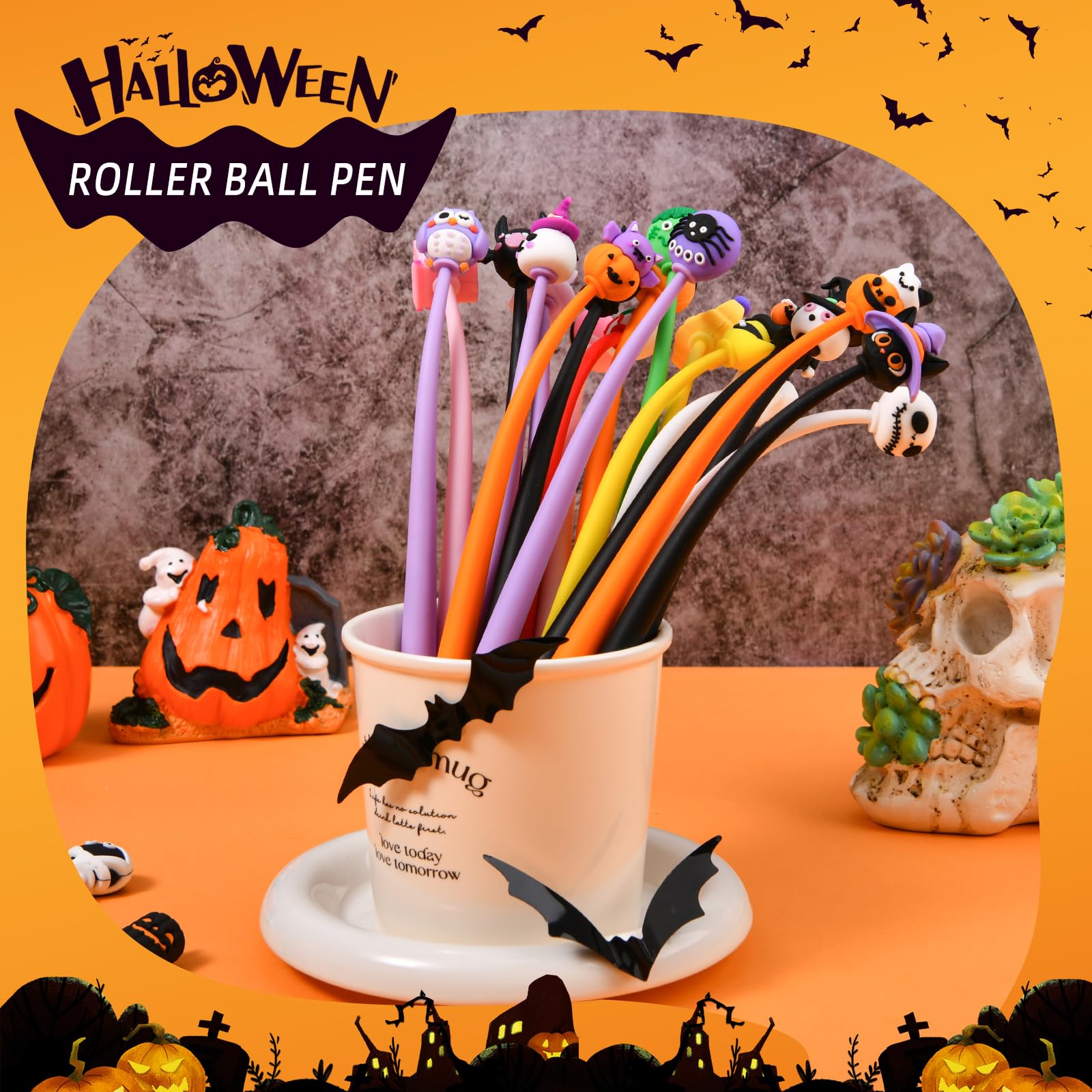 SANNIX 50PCS Halloween Cartoon Squishy Pens, Funny Pumpkin Ghost Skull Bat
