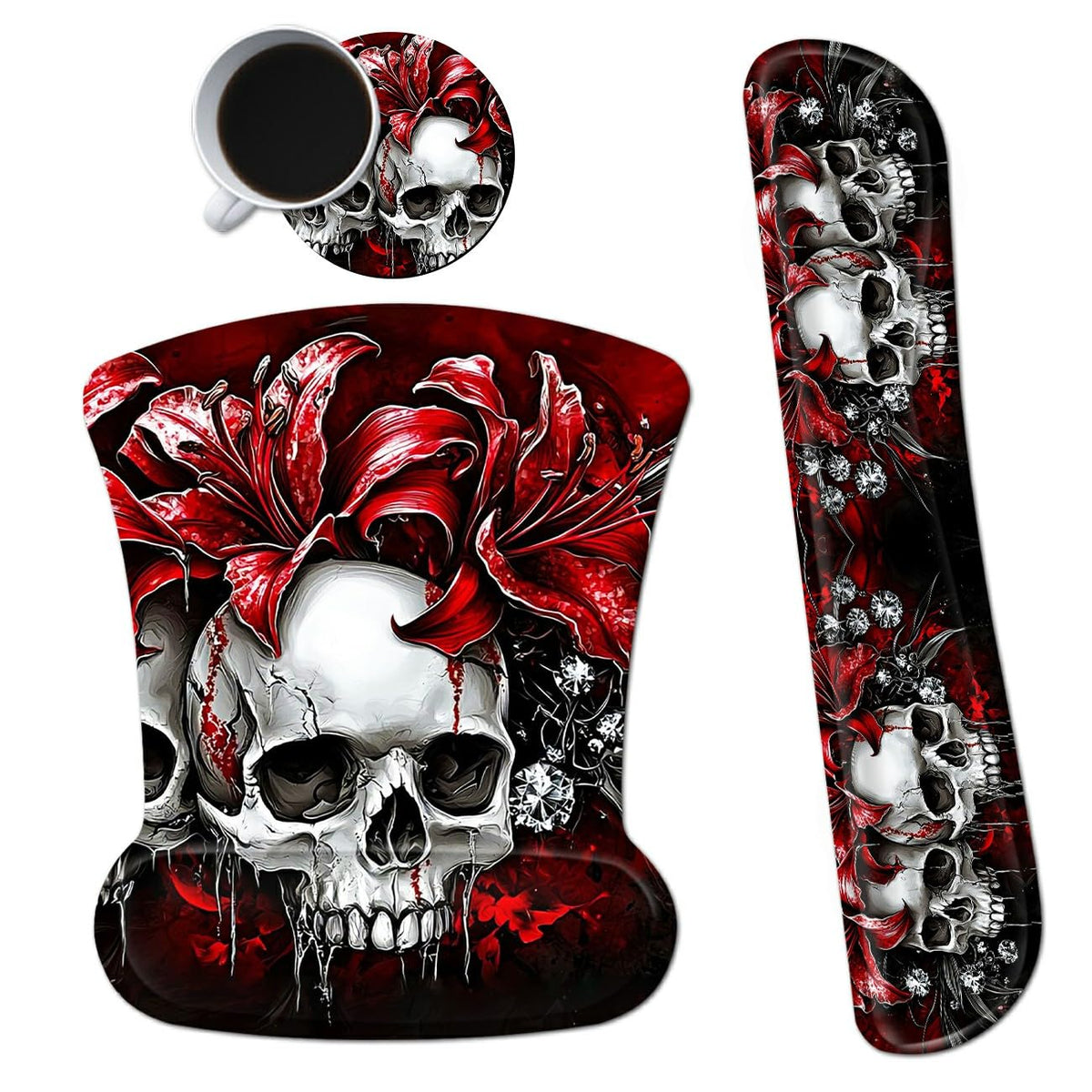 3Pcs Ergonomic Memory Foam Keyboard Wrist Rest Pad Set, Red Flower Skull