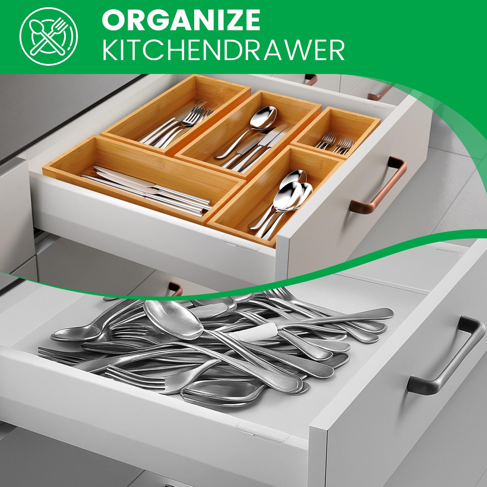 Bayting Bamboo Drawer Organizer Set, 5-Piece Storage Trays for Kitchen, Bathroom, Office Desk