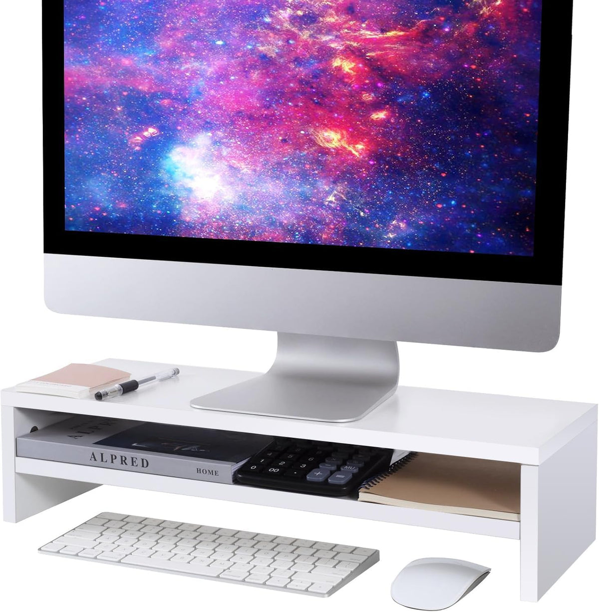 BEYGORM Monitor Stand Riser, White, 21.6 inch, 2 Tiers Wood Desk Shelf
