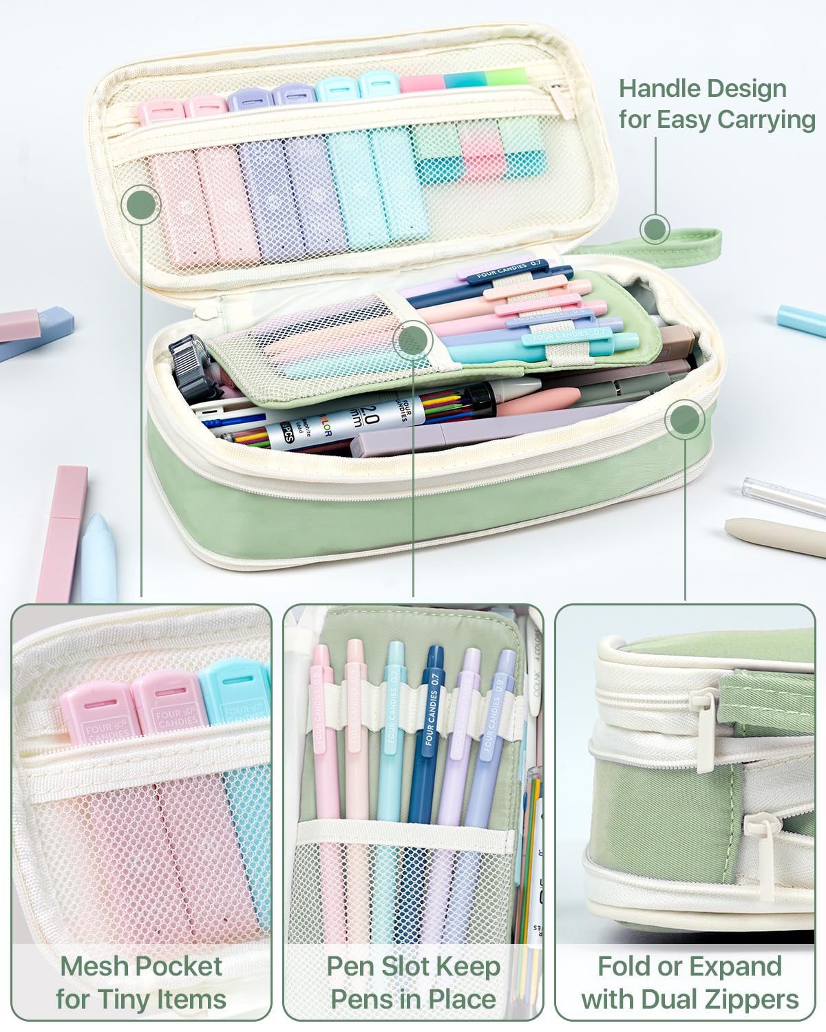 Four Candies 56PCS School Supplies with Pencil Case, Stationery Set, Green