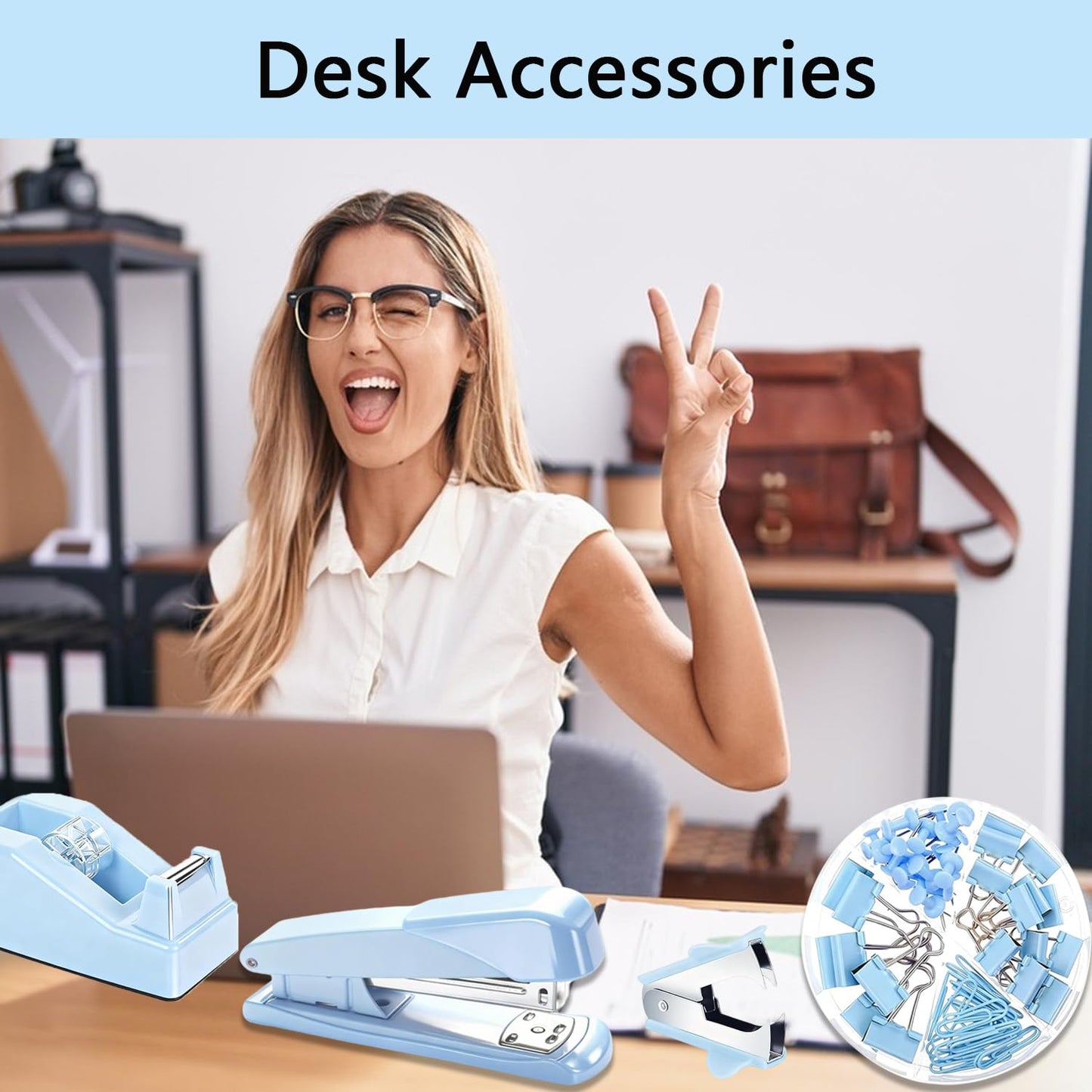 Office Supplies,Blue Desk Accessories,Office Supplies Set,Stapler and Tape Dispenser