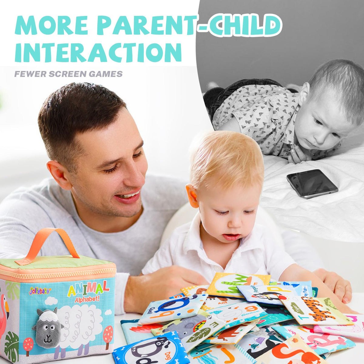 Jollybaby Reusable Soft ABC Alphabet Animal Flash Cards for Baby 0-12 Month