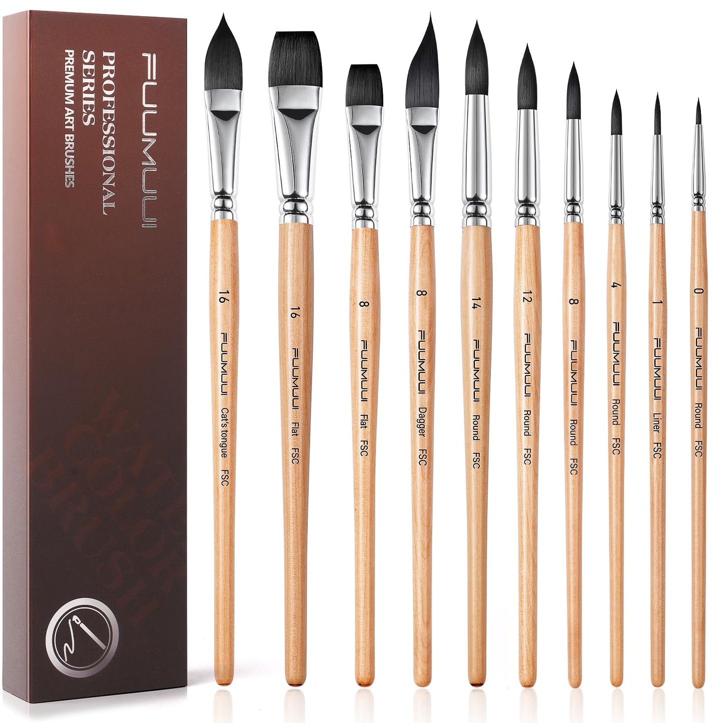 Watercolor Brush Set, Fuumuui 10pcs Professional Synthetic Squirrel Paint Brushes for Artists