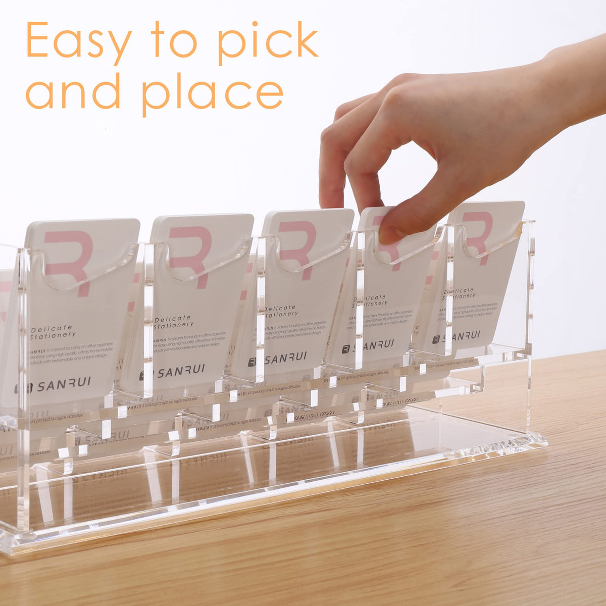 SANRUI Vertical Business Card Holder for Desk，Clear Acrylic Business Card Display Stand，6 Slots 3