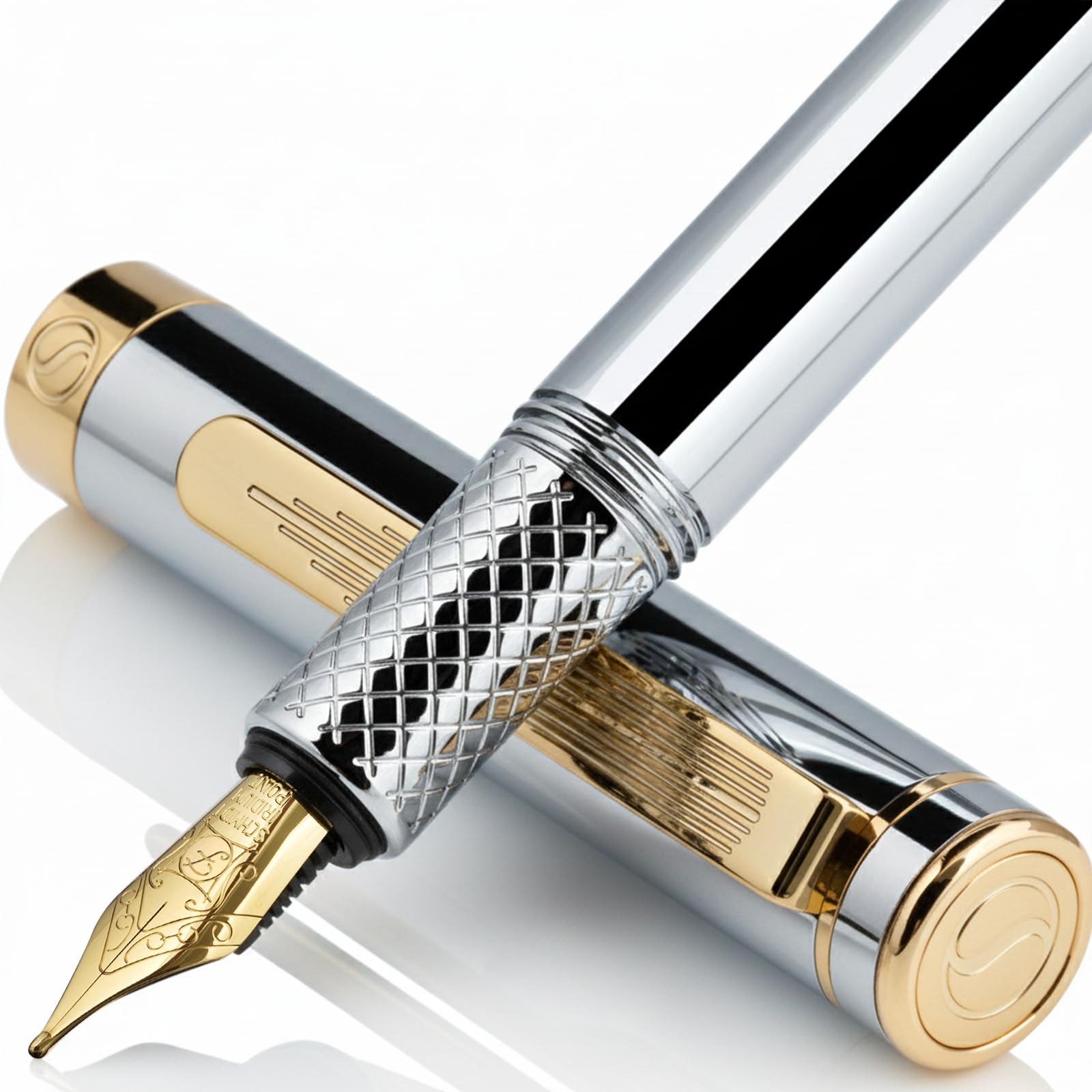 Scriveiner Silver Chrome Fountain Pen (Fine), Award Winning, Heavy Pocket Stunning Luxury Pen, Real