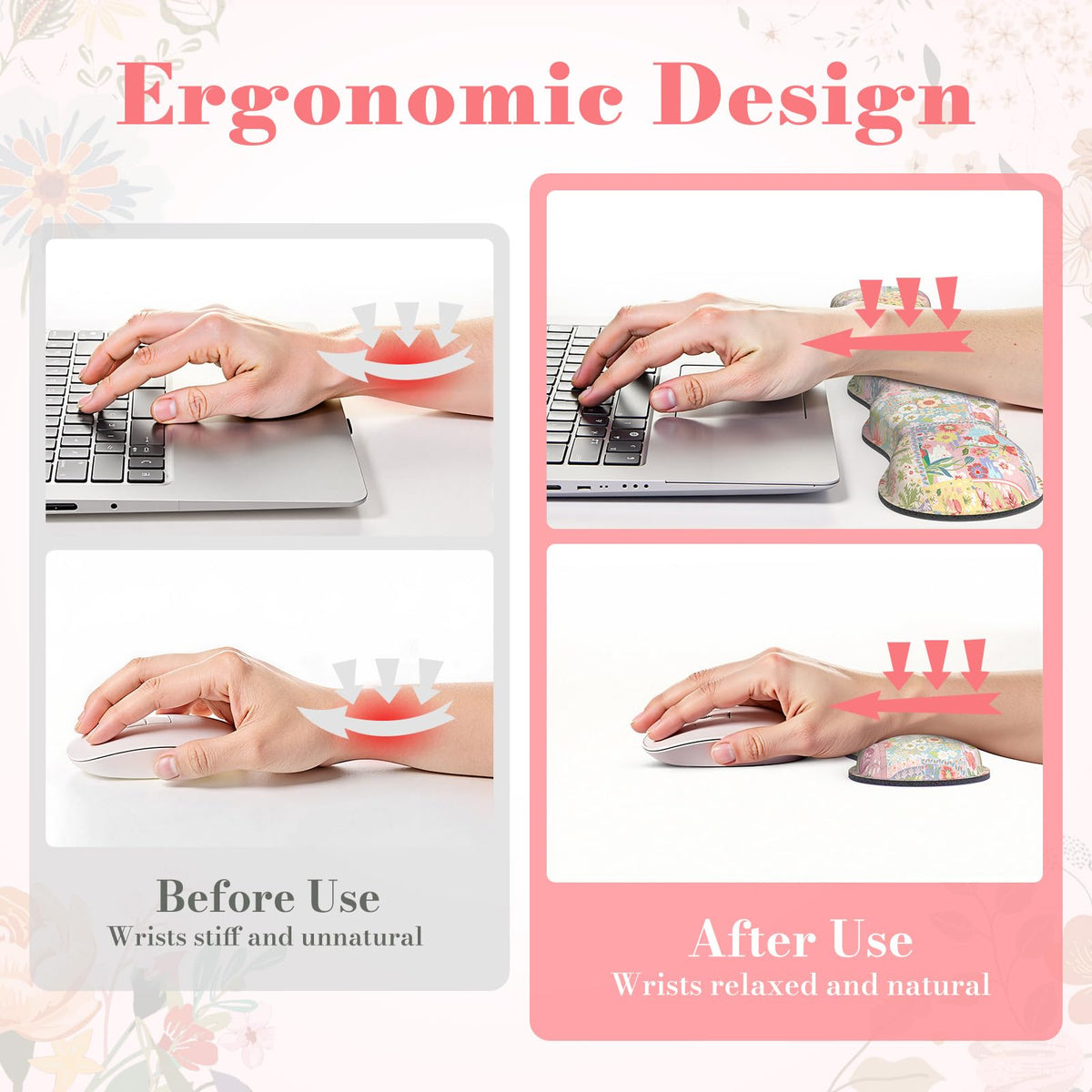 iLeadon Cute Floral Desk Mat Set, Non Slip Mouse Pad with Wrist Support