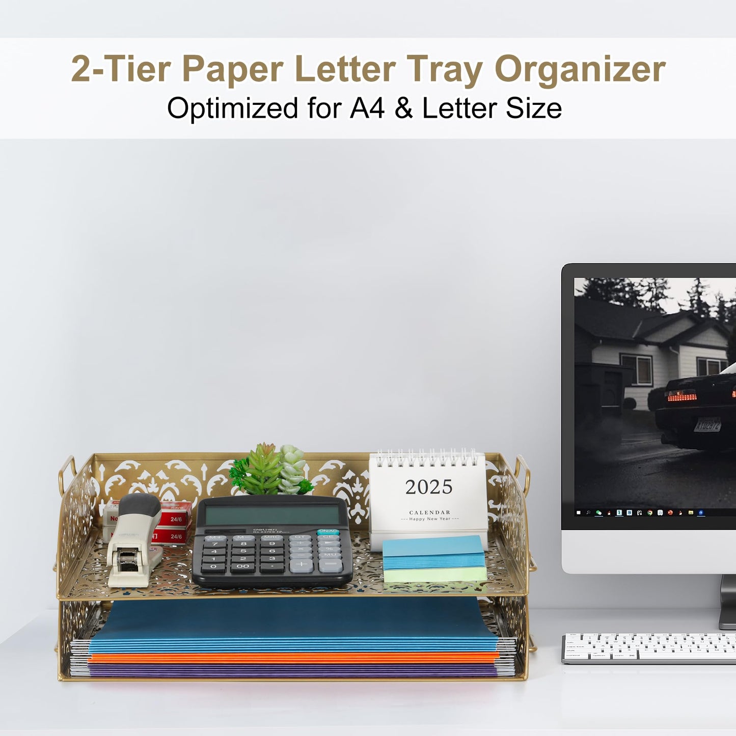 EasyPAG Paper Organizer for Desk 2 Tier Stackable Paper Tray for A4 Legal Size Folders Metal File