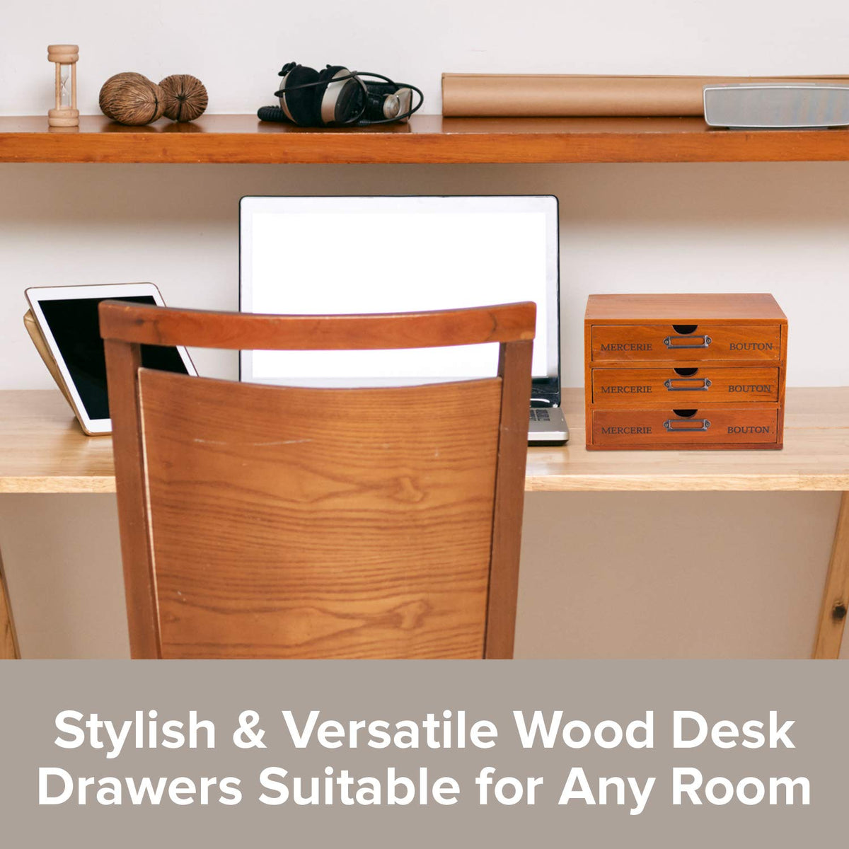 Vintage 3-Drawer Organizer for Desk - Wooden Box with 3 Storage Drawers - Solid Wood Table Top