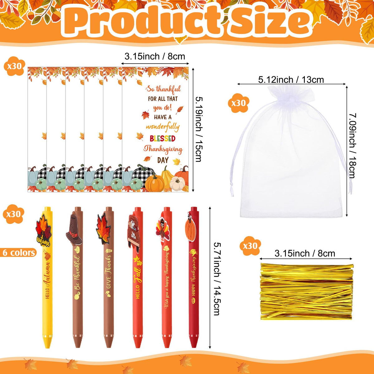 Marspark 30 Sets Fall Gifts Bulk Thanksgiving Ballpoint Pens and Cards