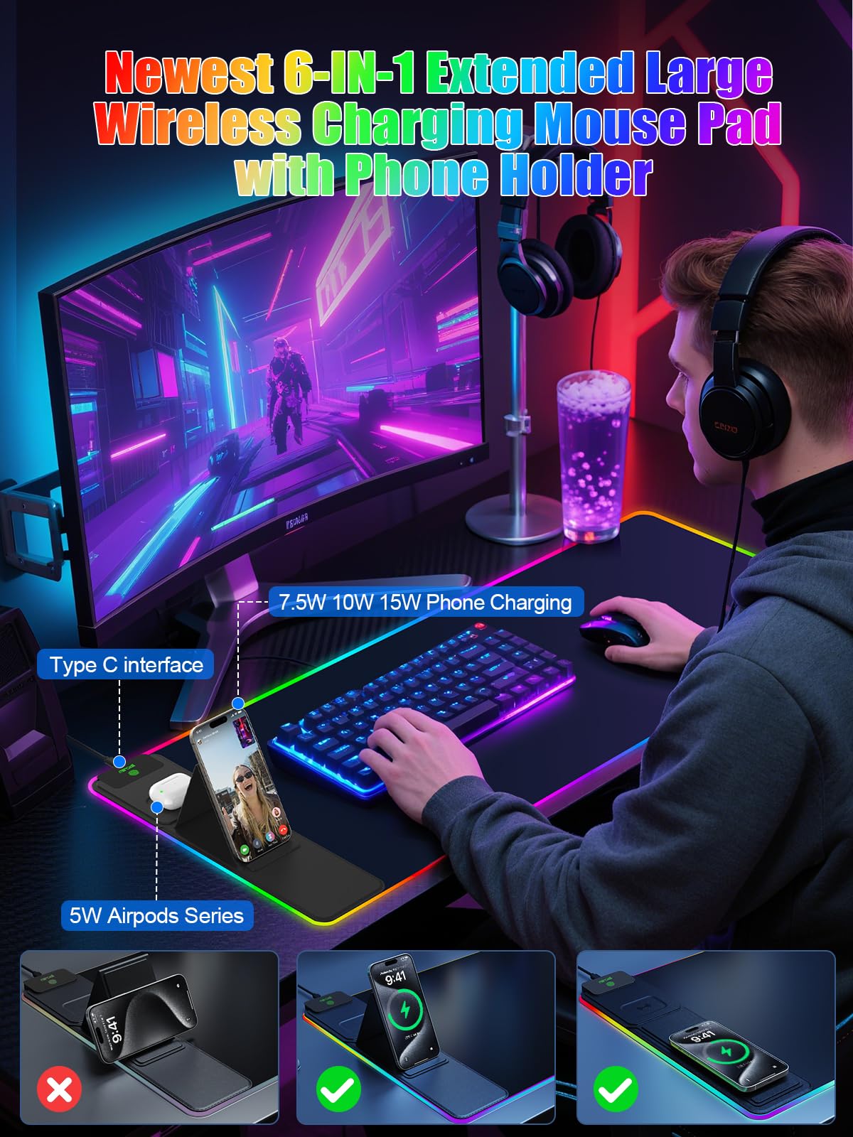Mouse Pad with Foldable Phone Holder & Wireless Charger, XXL RGB Gaming Mousepad 31.5"x15.8" Large