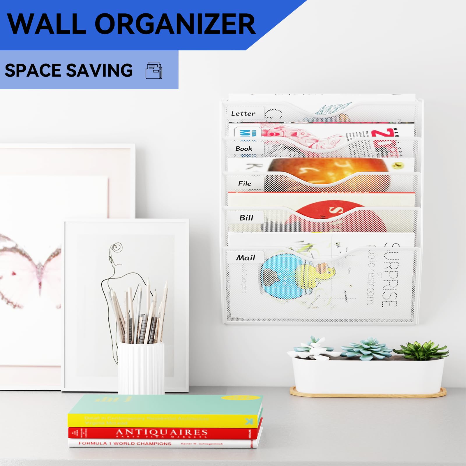 GDINDINFAN 5 Pockets Hanging Wall File Organizer Mail Holder, Wall Mounted Paper Document Folder