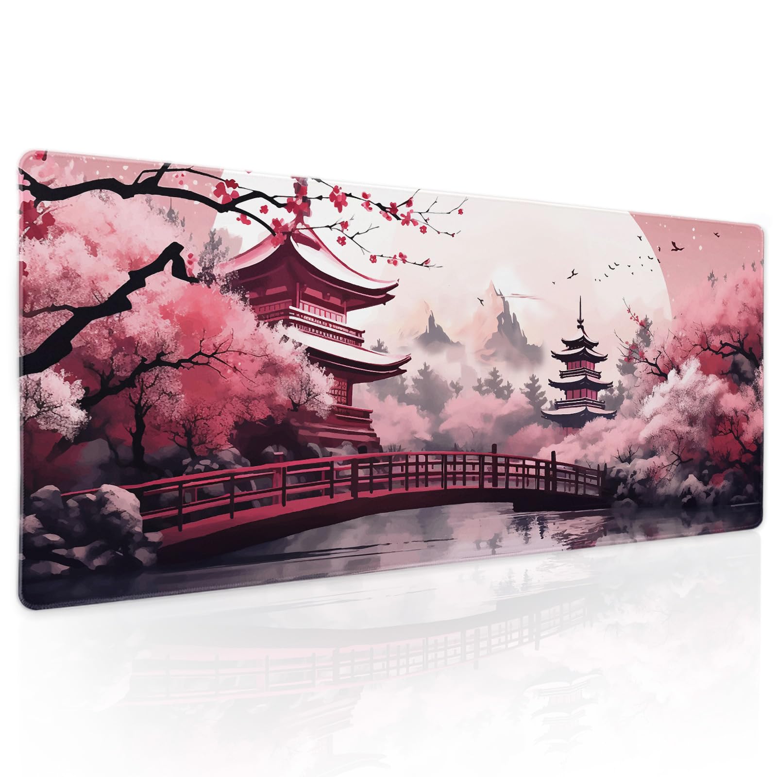 Pink Japanese Cherry Blossom Large Mouse Pad XL Sakura Forest Tree Sun Tower Mountain Extended
