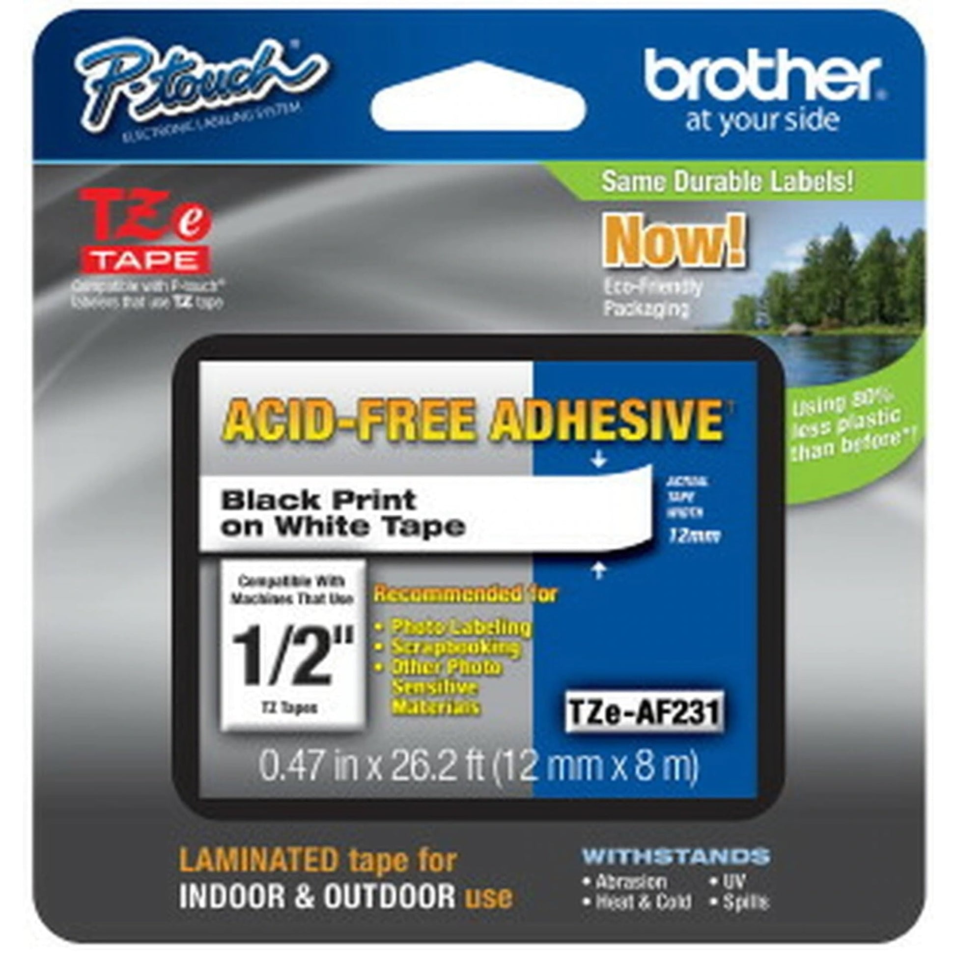 Brother Genuine P-touch TZE-AF231 Tape,1/2" (0.47") Wide Acid-Free Adhesive Laminated Tape, Black