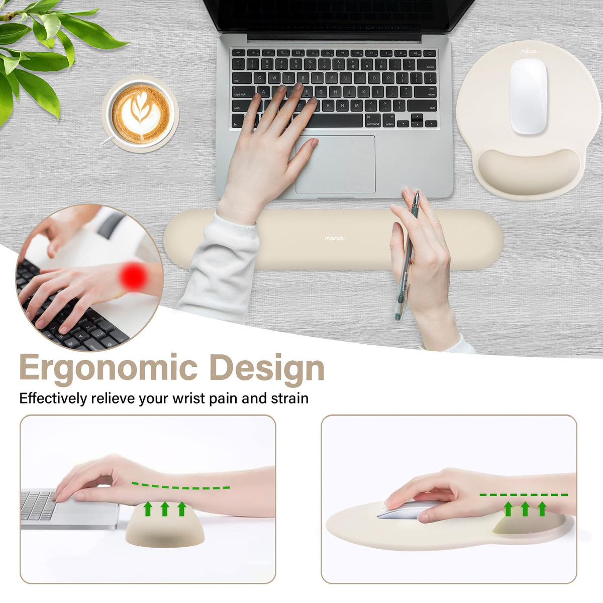 MOSISO Wrist Rest Support for Mouse Pad&Keyboard Set, Khaki