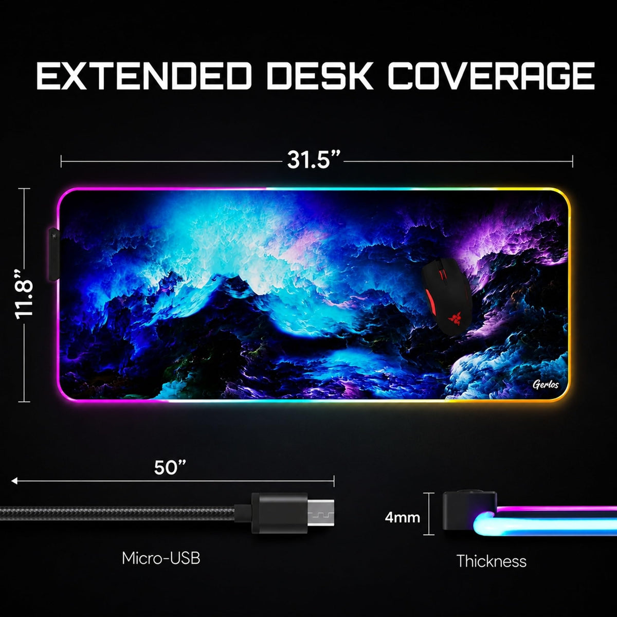 Gerlos RGB Gaming Mouse Pad, Large LED Desk Mat for Gamer, 31.5" x 11.8"