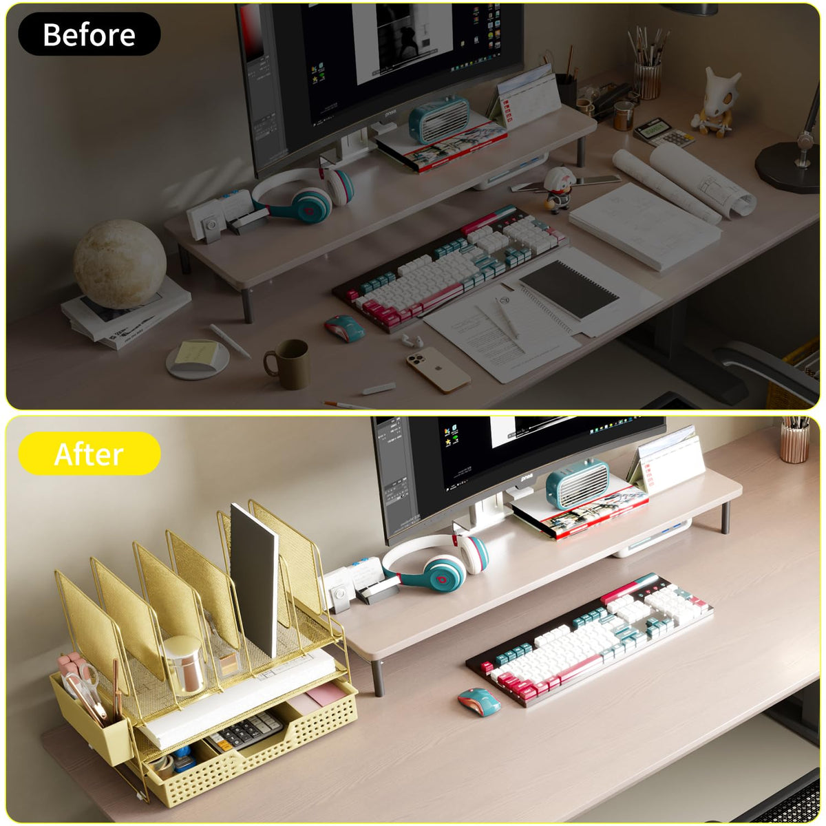 LEKETREE Gold Desk Organizer, Office Organization with Vertical File Holder, File Organizer with