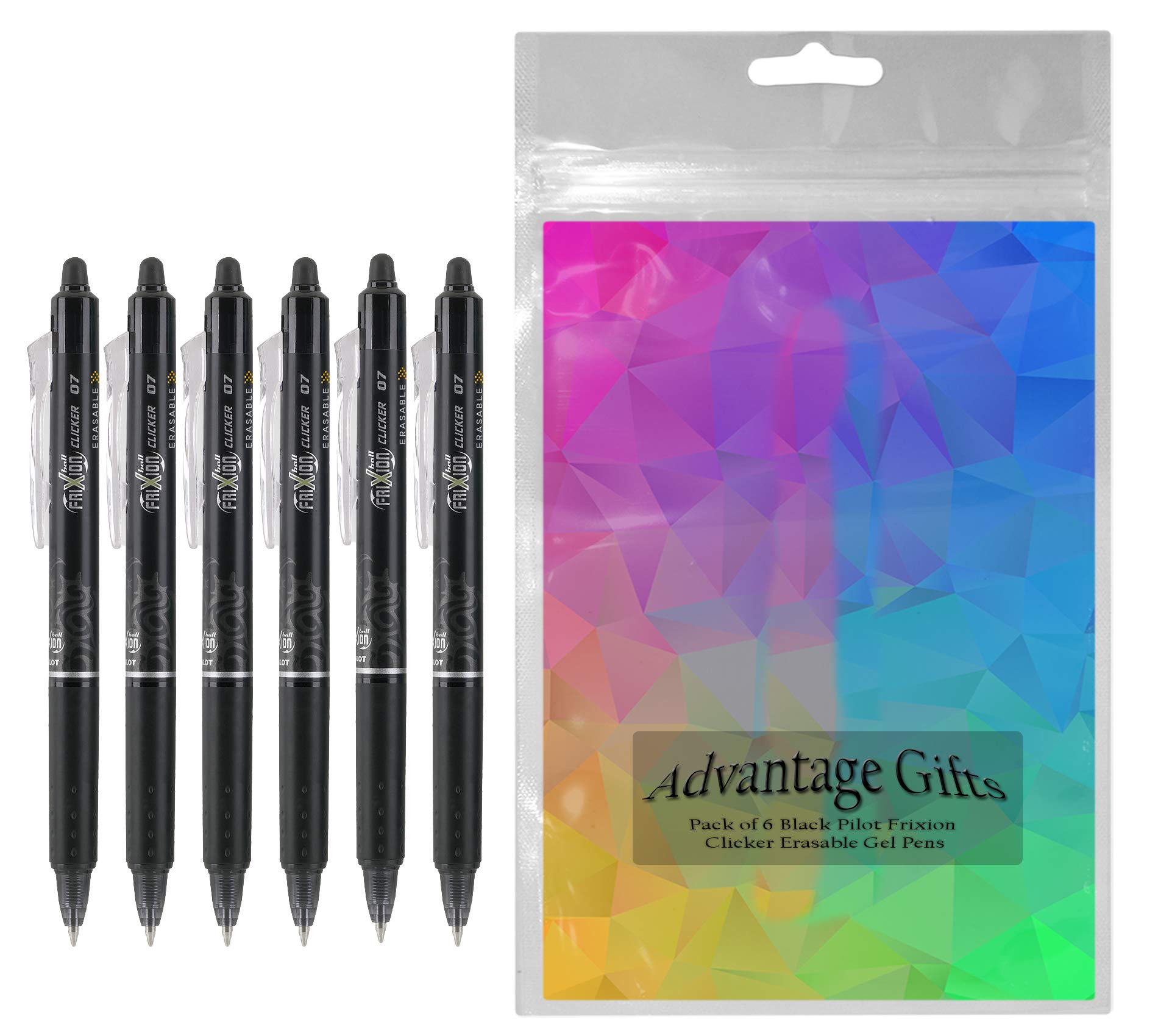 Advantage Gifts Clicker Retractable Erasable Gel Pens Fine Point (.7mm) Black Ink 6-pk;
