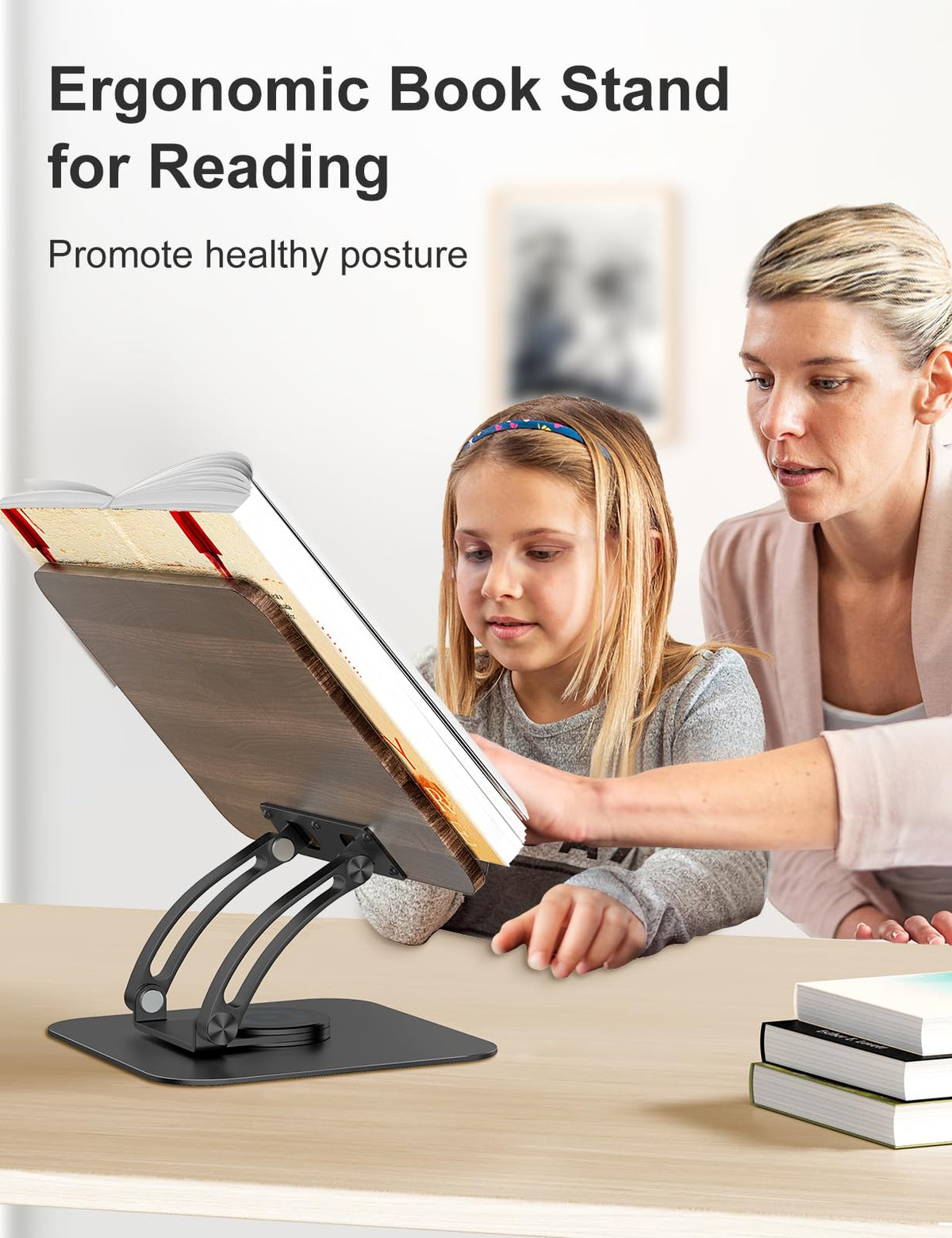 Tounee Book Stand for Reading, Adjustable Book Holder with 360° Swivel Base, Foldable Cookbook