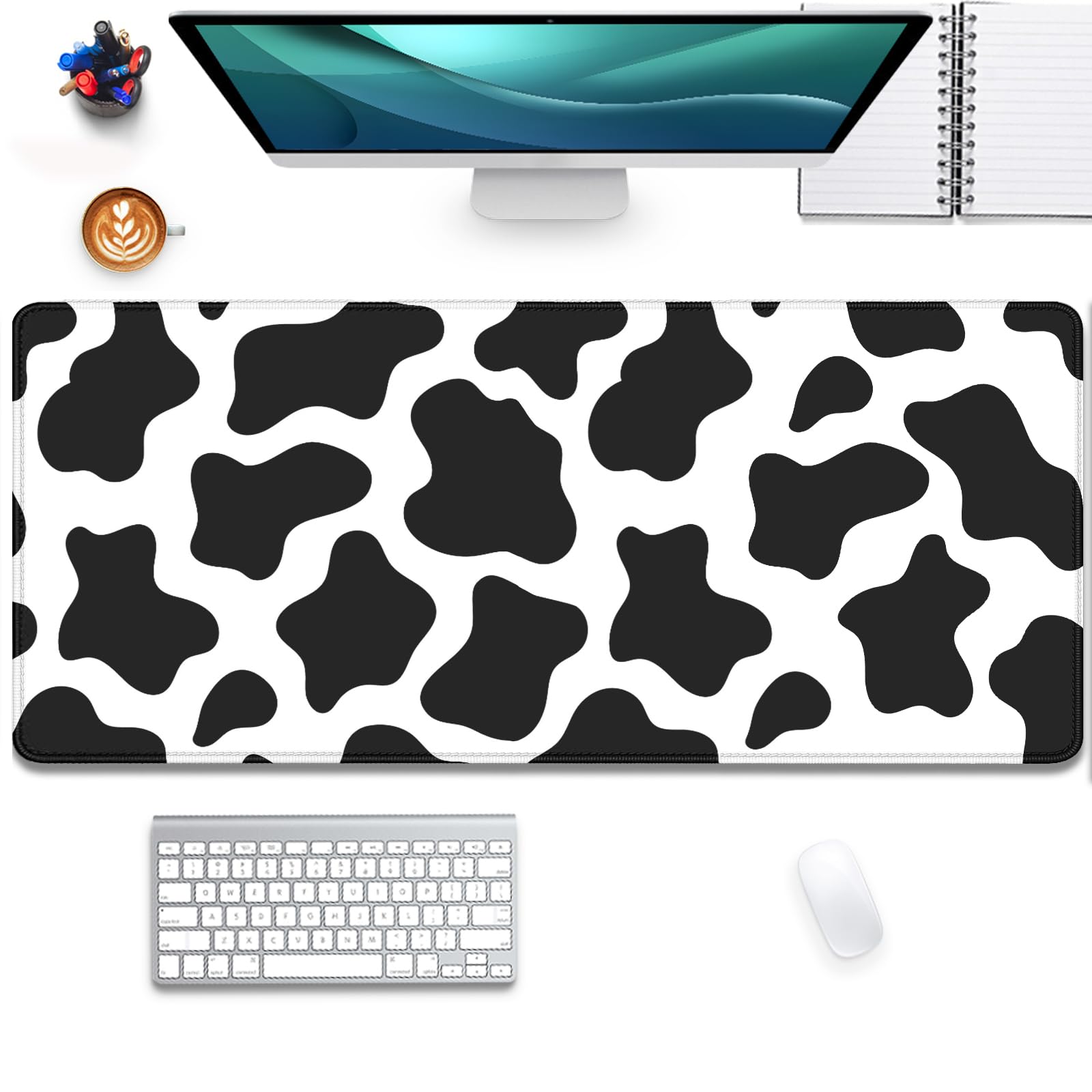 Cow Print Desktop Mouse Pad,Desk Mouse Mat with Non-Slip Stitched Edges,Desk Pad Mouse Pad for