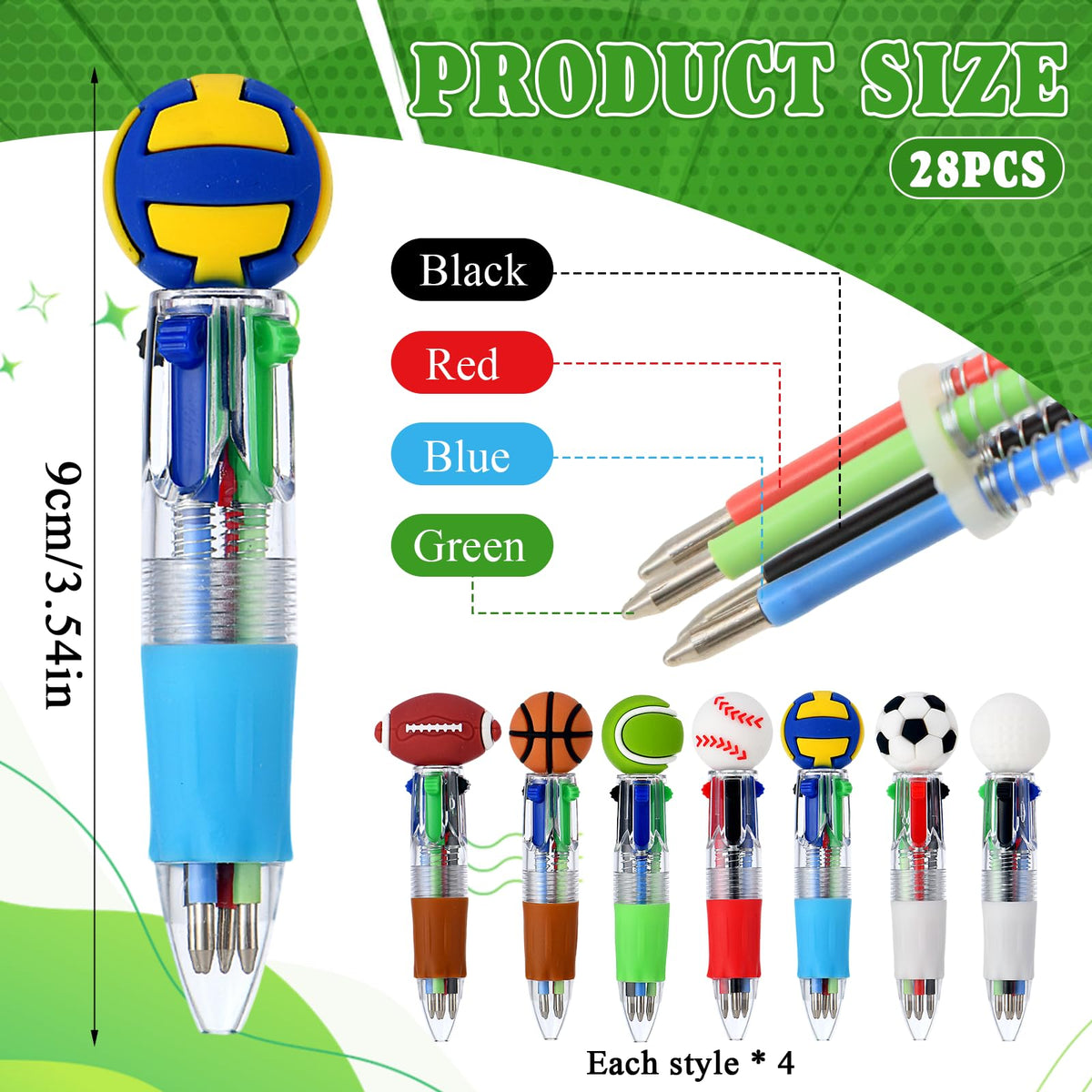 Scettar 28 Pack Sport Party Favors 4-in-1 Ballpoint Pens, 0.5mm Retractable Sport Theme Pens with