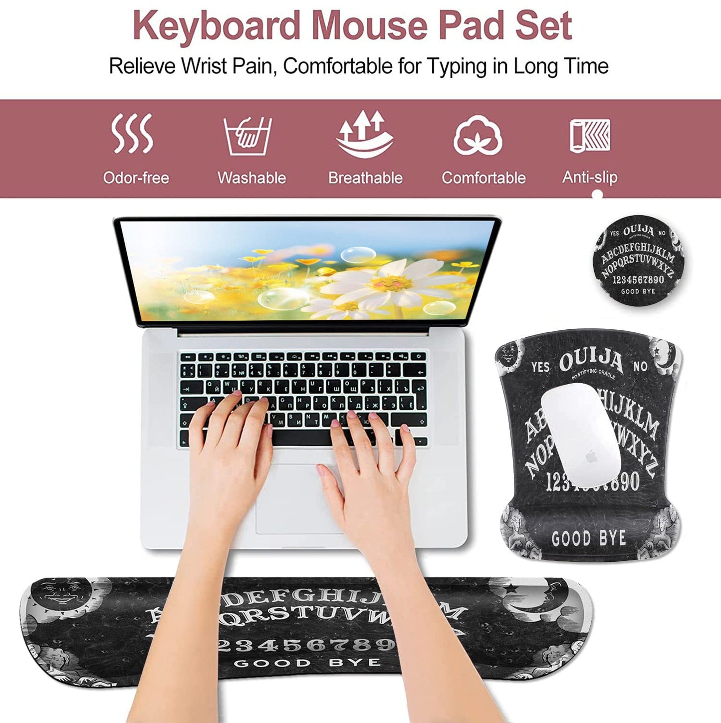 Black Mouse Pad with Stitched Edge, Non-Slip Rubber Base, Ouija Board Witch Pattern, Office