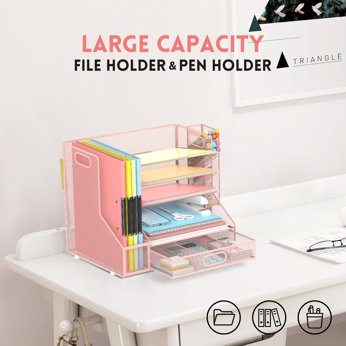 5-Tier Desk Organizer with File Holder & Pen Holder & Sliding Drawer, Pink