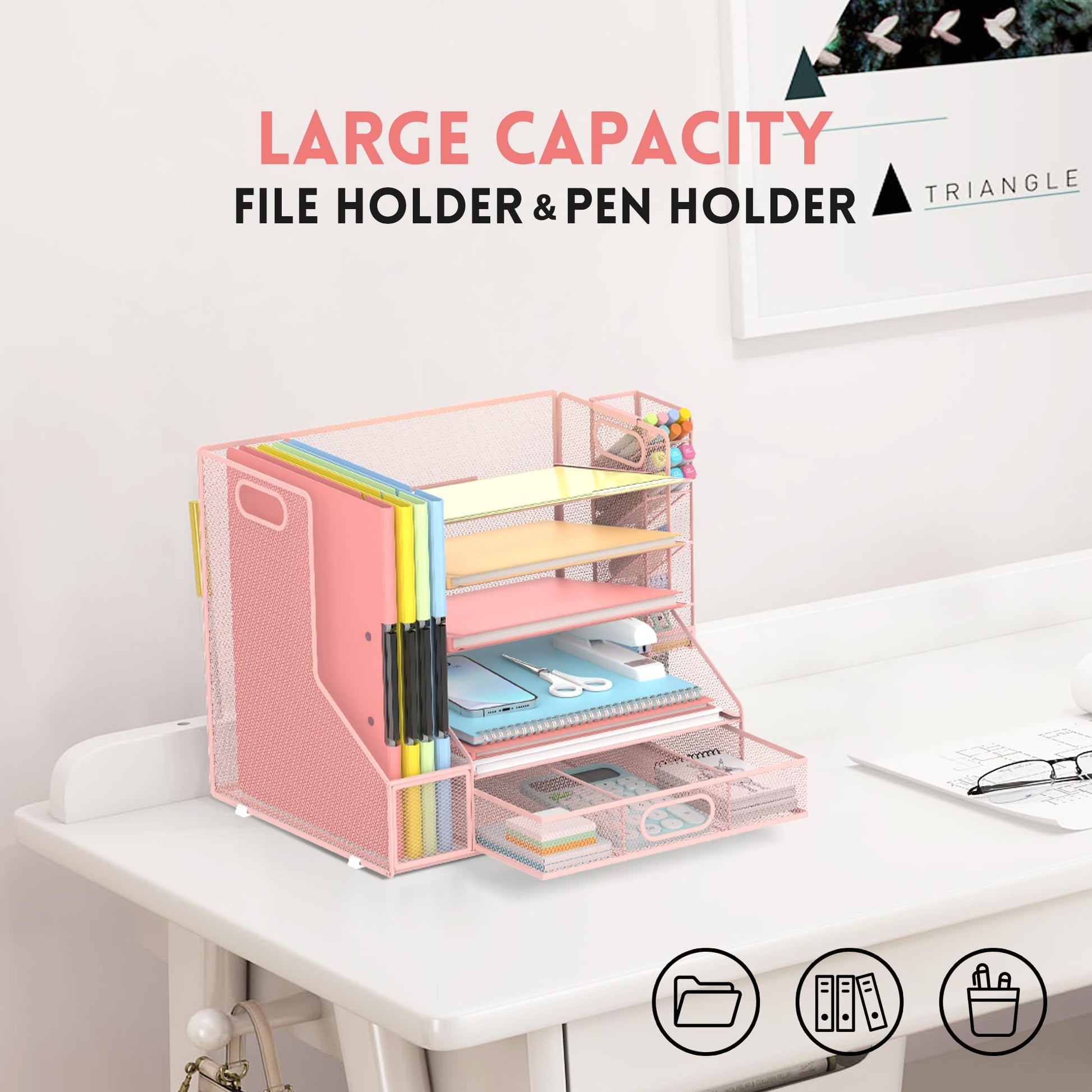 5-Tier Desk Organizer with File Holder & Pen Holder & Sliding Drawer, Pink