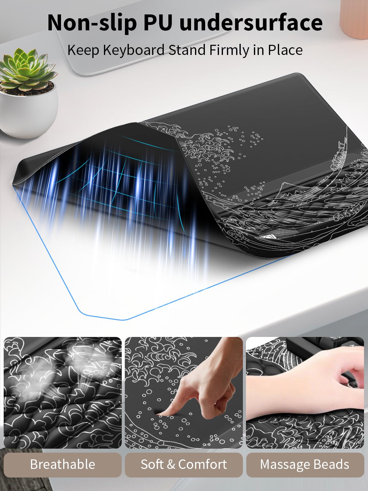 3-in-1 Ergonomic Keyboard Stand with Wrist Rest & Mouse Pad Set, Black Wave