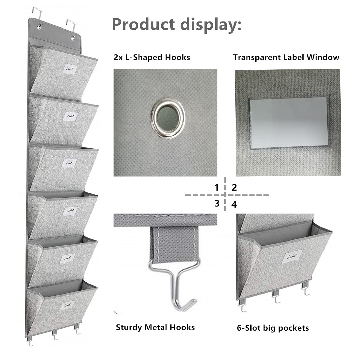 Geodurn Over The Door File Organizer - 6 Extra Large Pockets Hanging Wall Mounted Storage Files