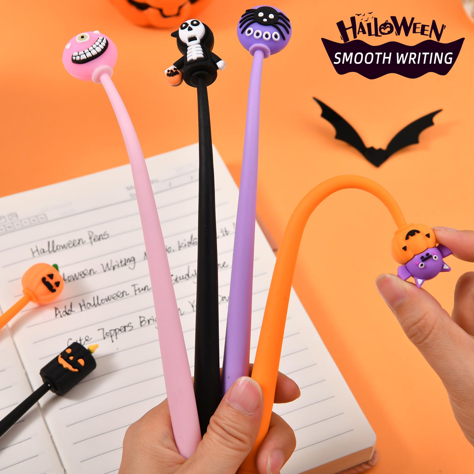 SANNIX 50PCS Halloween Cartoon Squishy Pens, Funny Pumpkin Ghost Skull Bat