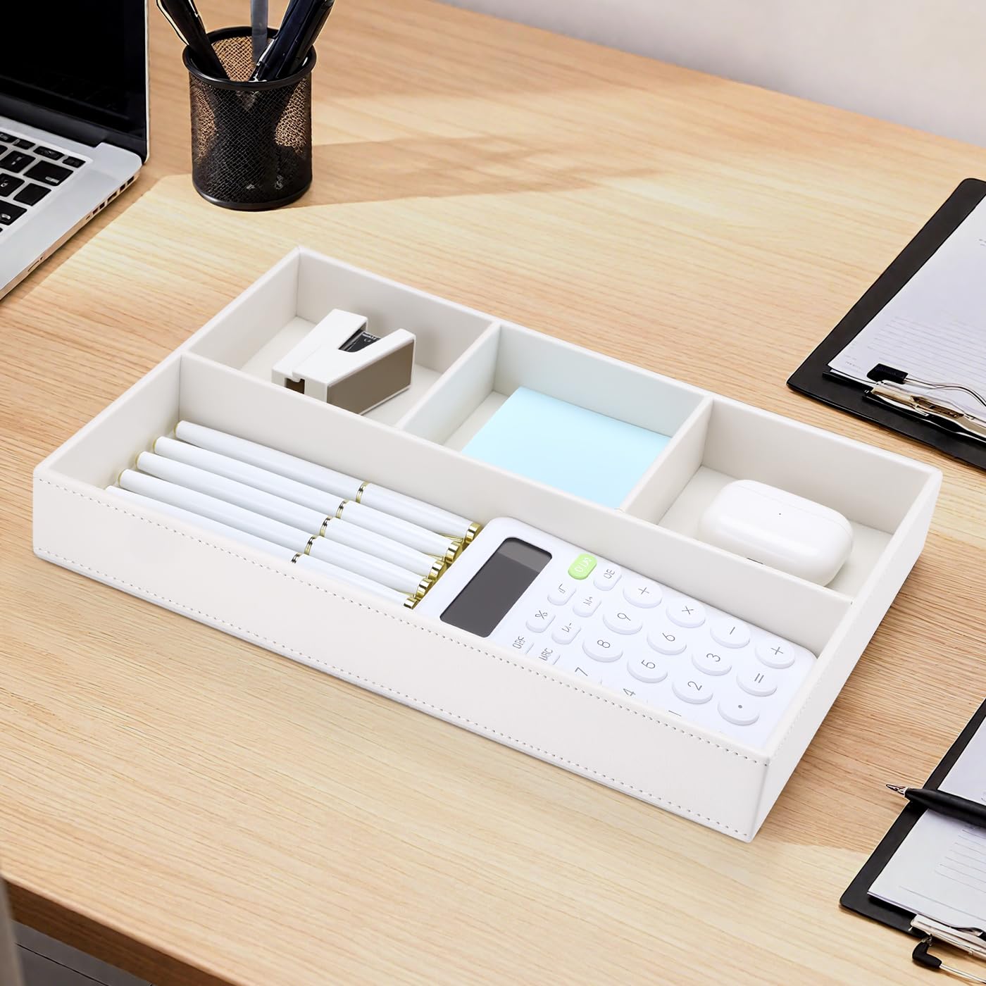 KINGFOM PU Leather Desk Drawer Organizer, 4 Compartment Office Supplies Stationery Storage Tray