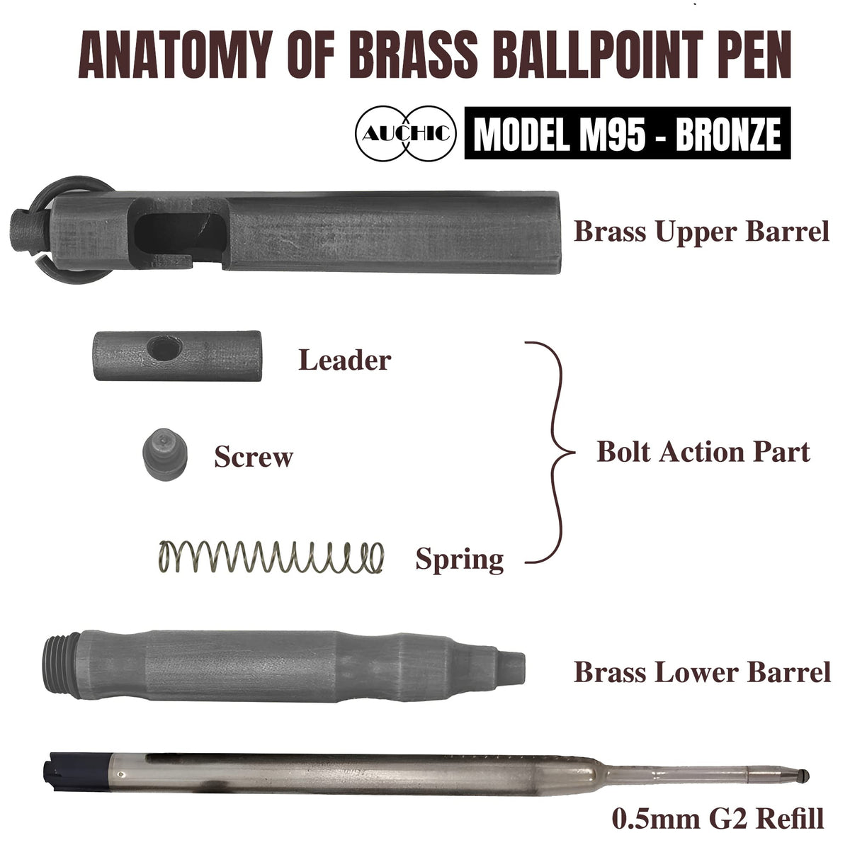 Auchic Custom Bolt Action Pen Free Engraving Custom Pocket EDC Metal Pen with 3 Refills Engravable