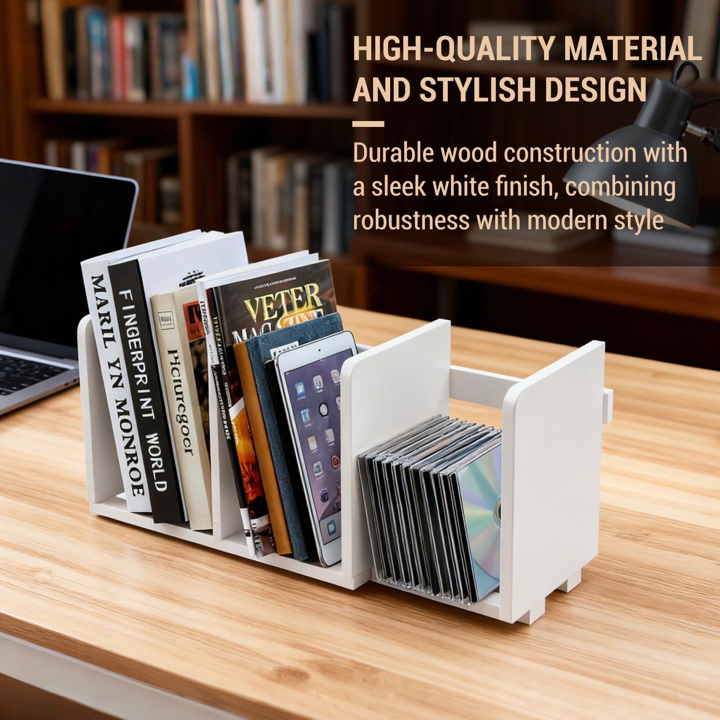 MyGift White Wood Desktop Bookshelf Organizer, Expandable Adjustable Rack