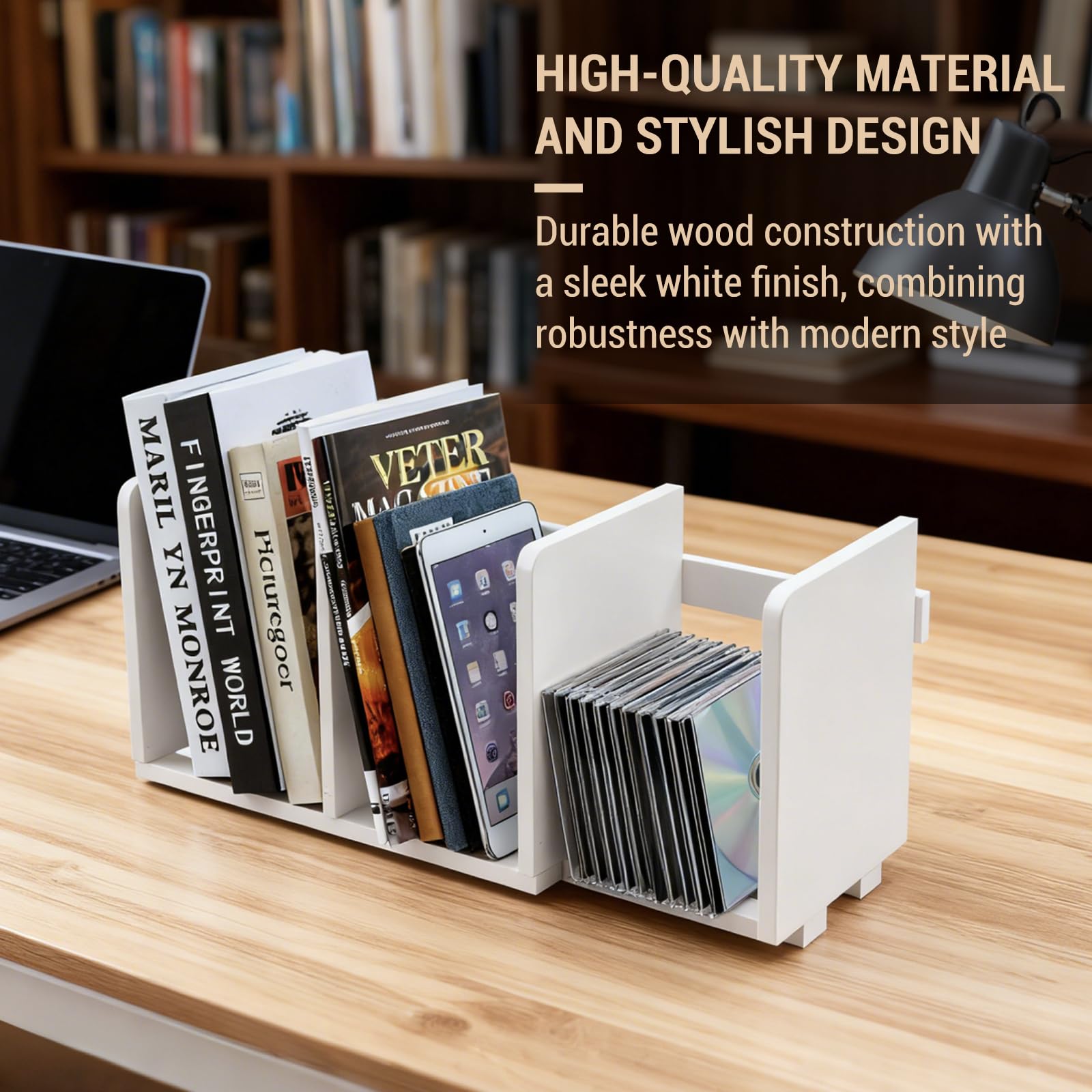 MyGift White Wood Desktop Bookshelf Organizer, Expandable Adjustable Rack