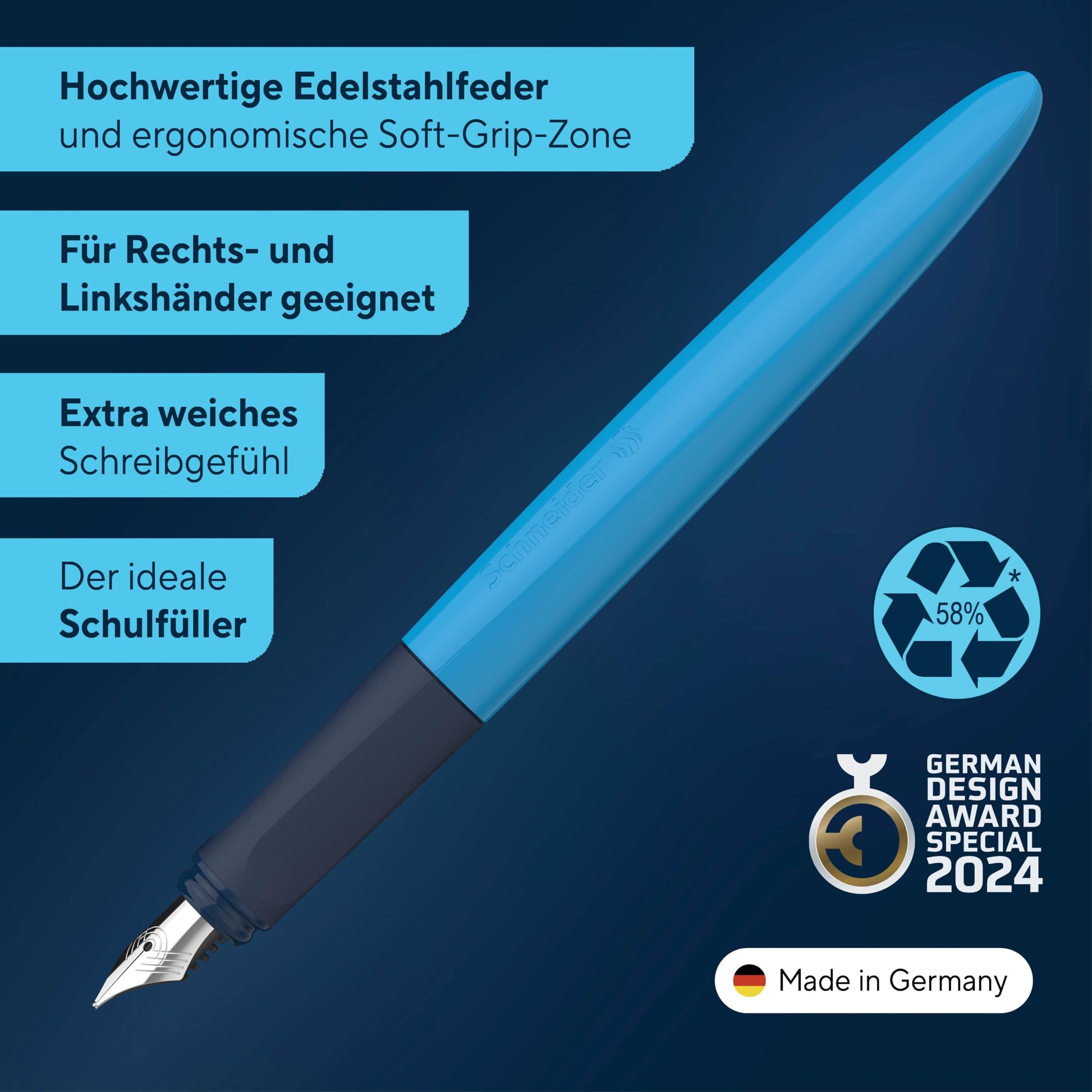 Schneider 162113 Wavy Fountain Pen for Right and Left-Handed Users with Beginner Nib Blue