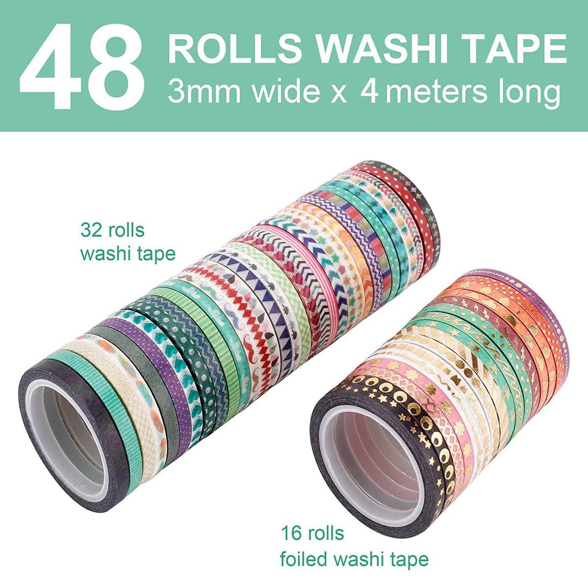 NANYNNU Cute 48 Rolls Washi Tape Set,Foil Gold Thin Decorative Masking Washi Tapes,3MM Wide DIY