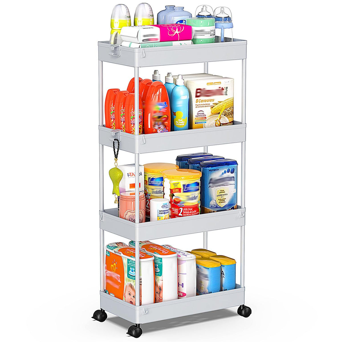 SPACEKEEPER 4 Tier Rolling Cart, Bathroom Cart Organizer with Wheels, Gray