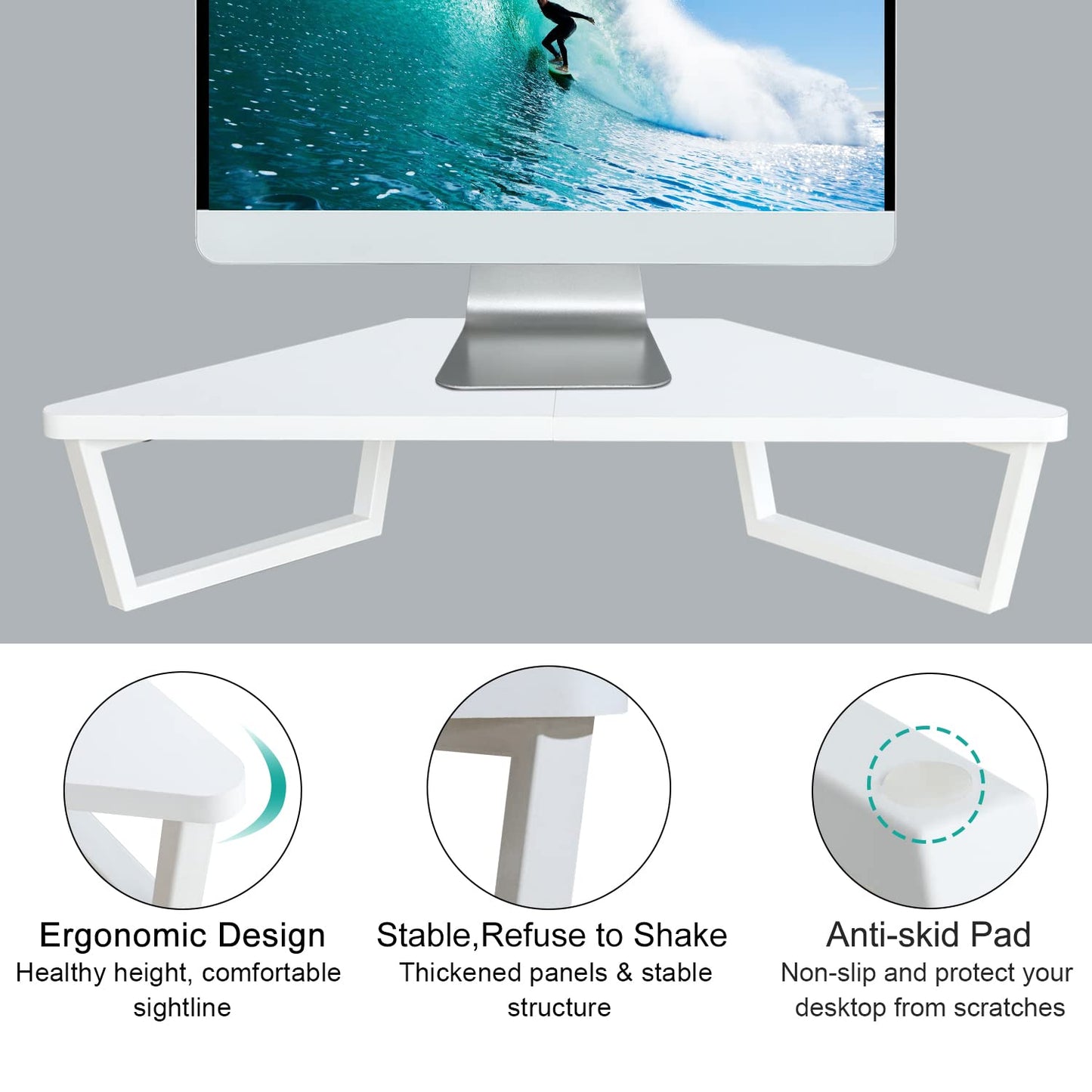 TEAMIX 26 inch White Triangle Monitor Stand Riser, Desktop Corner Shelf with Metal Leg Wood