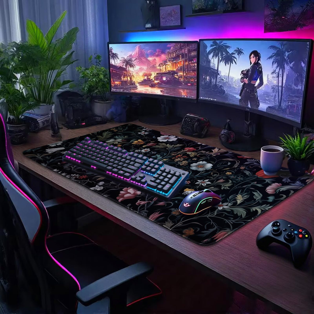 Mcapirivo Dark Floral Pattern Large Gaming Mouse Pad Desk Mat 31.5"x15.7"