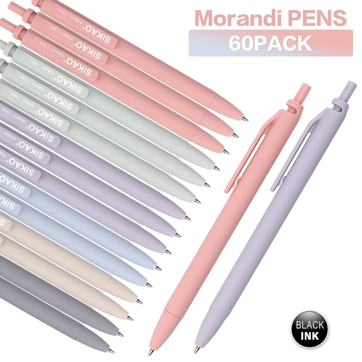 Sikao Morandi Pens Bulk 60 Pack – Smooth Writing 1.0mm, Click Ballpoint Pens with Black Ink