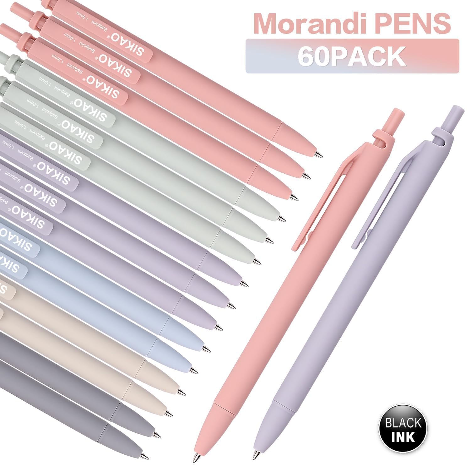 Sikao Morandi Pens Bulk 60 Pack – Smooth Writing 1.0mm, Click Ballpoint Pens with Black Ink