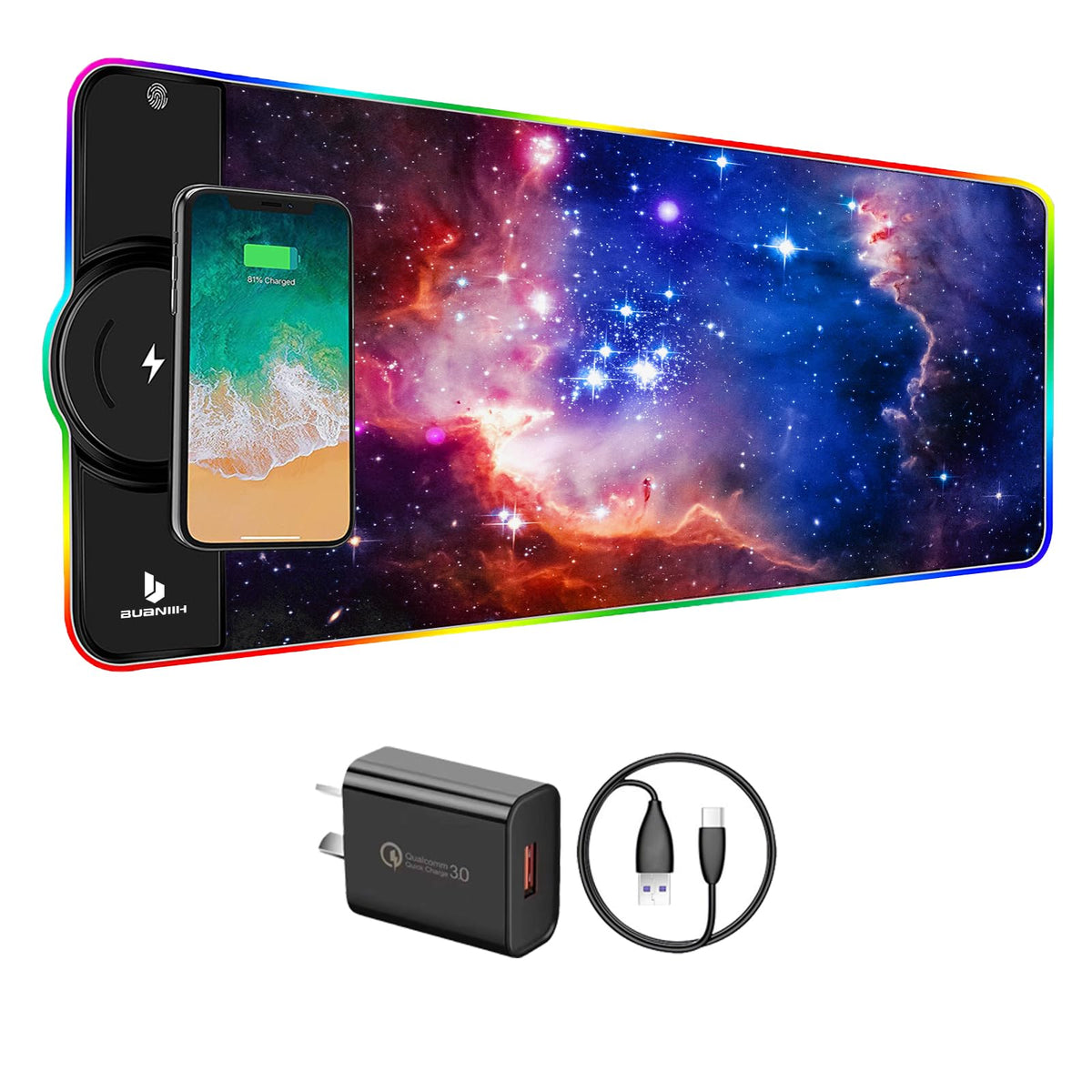 RGB Gaming Mousepad,Wireless Charging Desk Mat,15W Fast Charging
