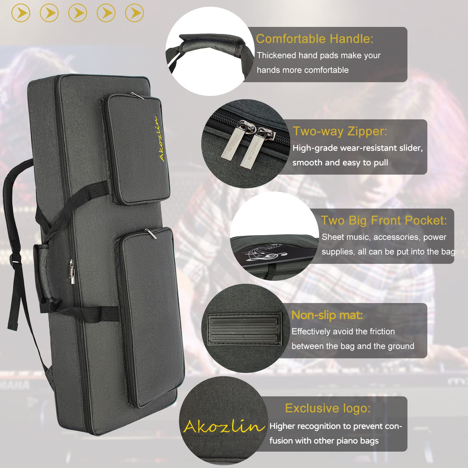 AKOZLIN 61-Key Keyboard Case Gig Bag 41.7”×17.3”×6.3” Full Padded Soft