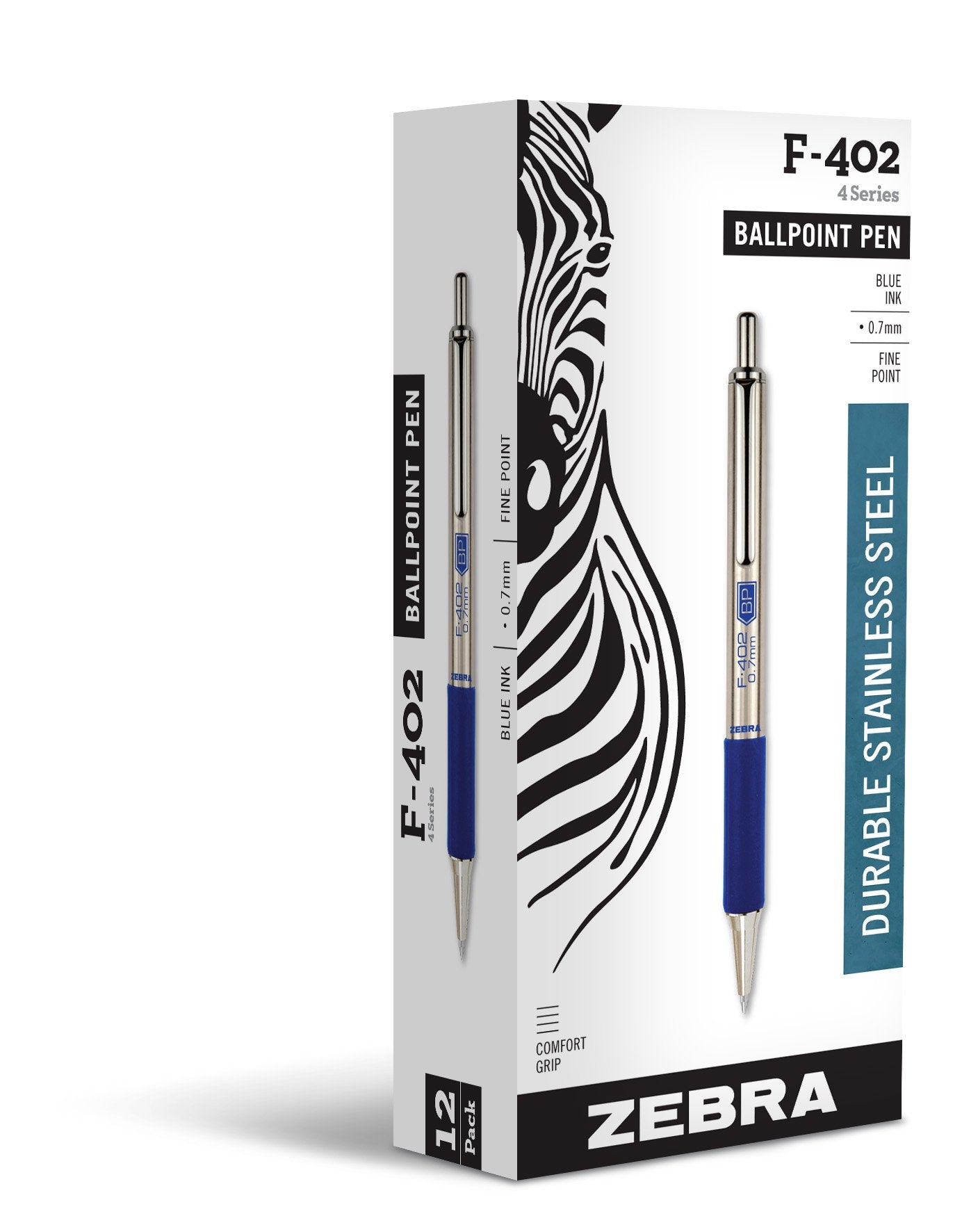 Zebra Pen STEEL F-402 Retractable Ballpoint Pen, Blue Ink, 0.7mm, 12-Pack