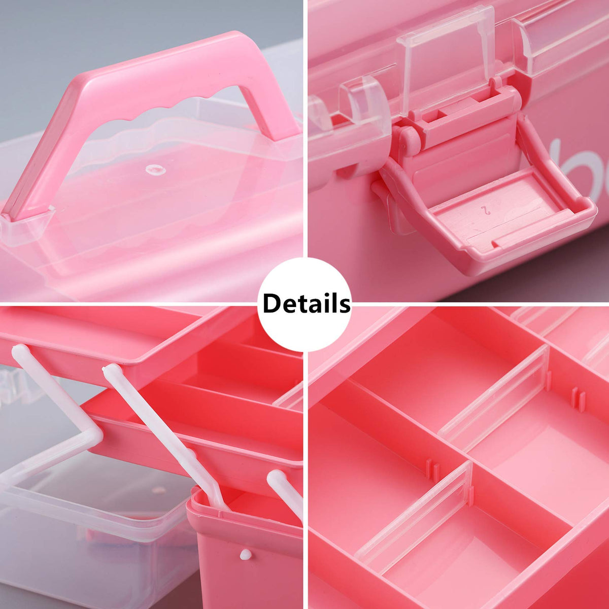 Kinsorcai 12'' Three-Layer Clear Plastic Storage Box with Handle, Craft Tool Box, 3 Layer Pink