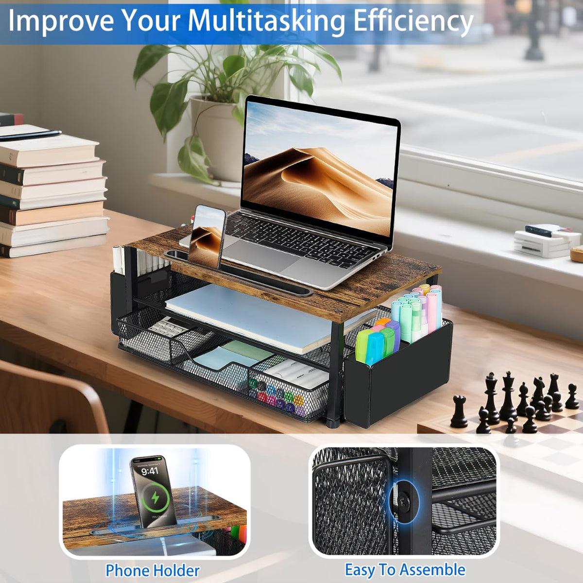 AUPSEN Wood Desk Organizers and Accessories, 2-Tier Computer Monitor Stand Riser with Drawer, Pen