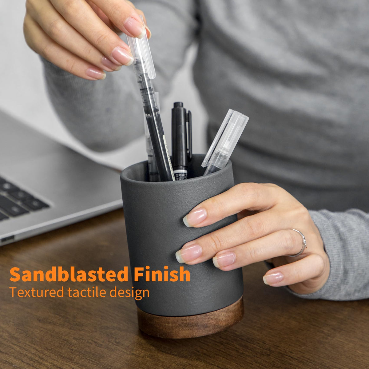 Officepal Ceramic Pen Holder for Desk, Pencil Cup, (Dark Grey, Set / 2)