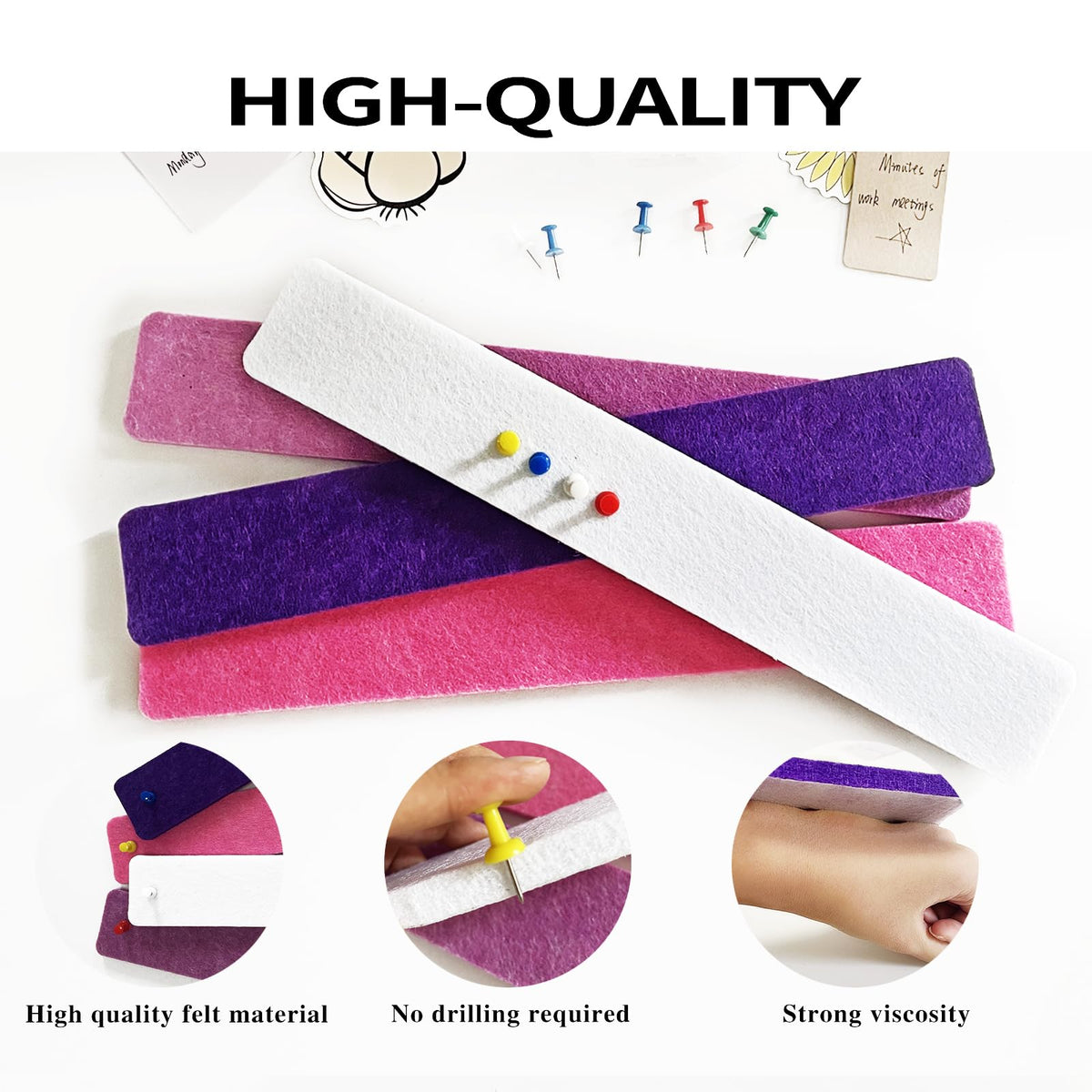8 Pcs Purple Pink White Felt Pin Board Bar Strips Bulletin Board ，Self-Adhesive Bulletin Board Bar